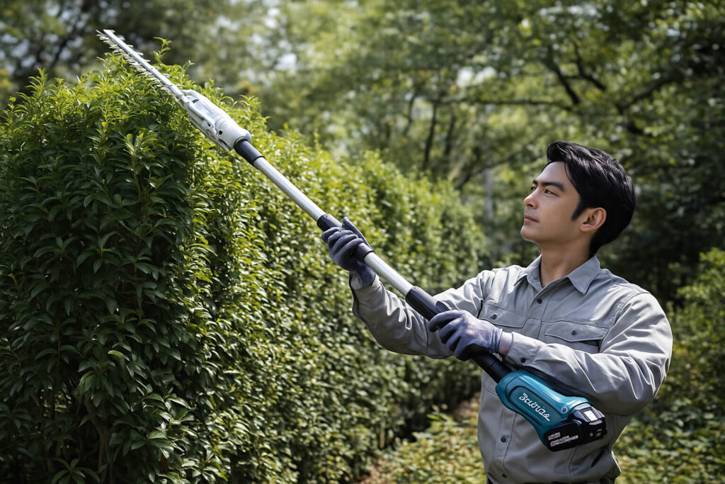 庭木の手入れや造園業において、脚立を使わずに高い枝を剪定できる