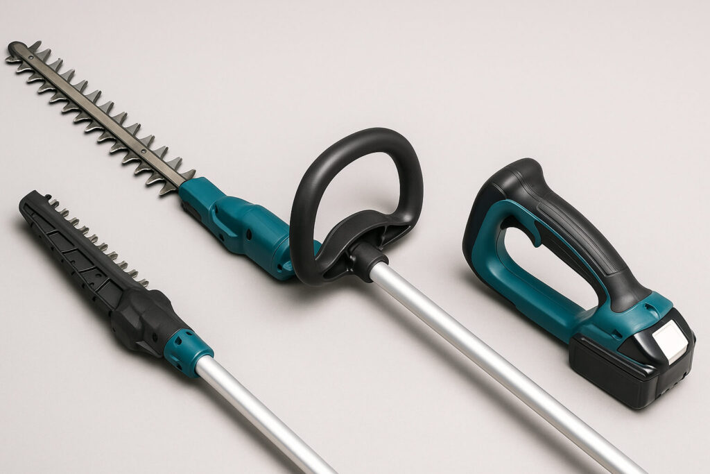 ポールヘッジトリマの刃に潤滑油を塗布し、メンテナンスしている