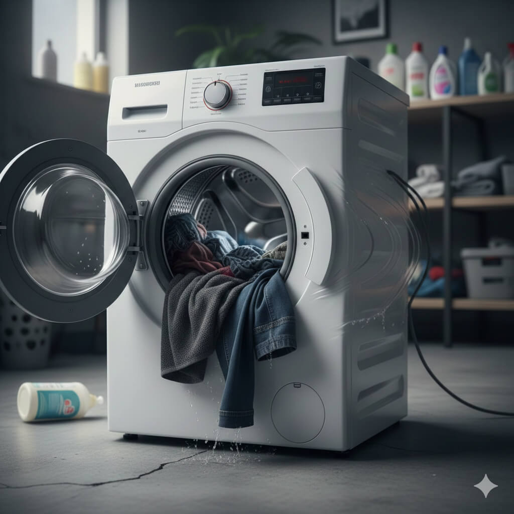 高速回転中の洗濯槽内で、衣類が片寄ることで軸がブレ、洗濯機全体が激しく振動するメカニズム