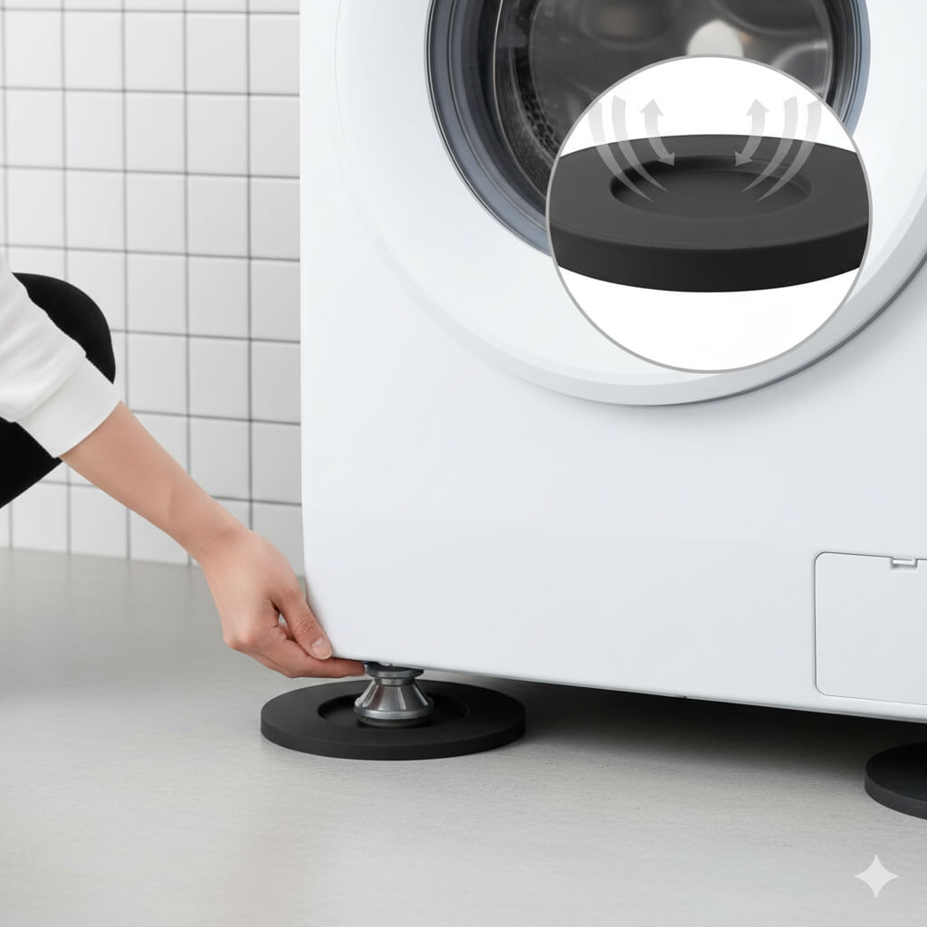 夜間に洗濯機の振動が床や壁を伝わり、集合住宅の階下や隣室に騒音トラブルとして影響を及ぼしている様子を示すイメージ