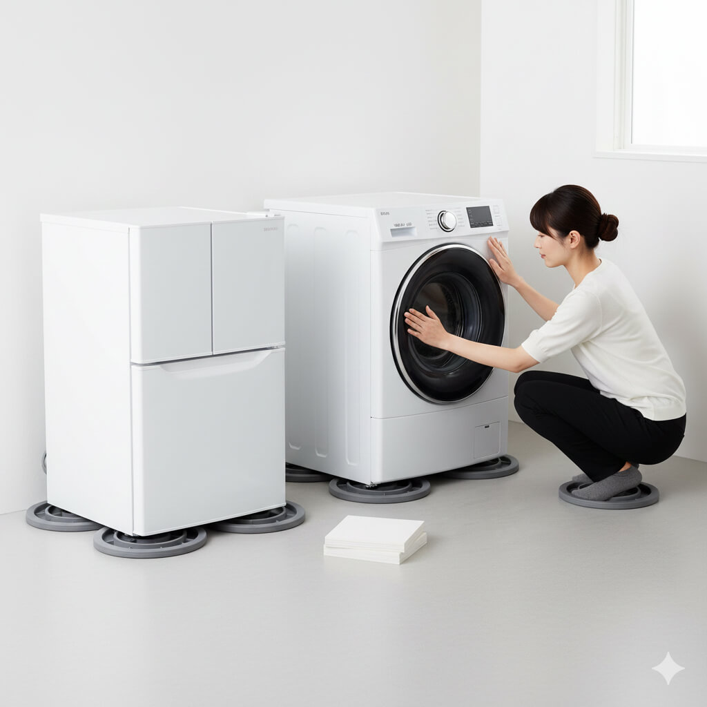 洗濯機の脚4本すべてに防振ゴムマットを均等に敷き、水平を保って設置する正しい方法のクローズアップ画像