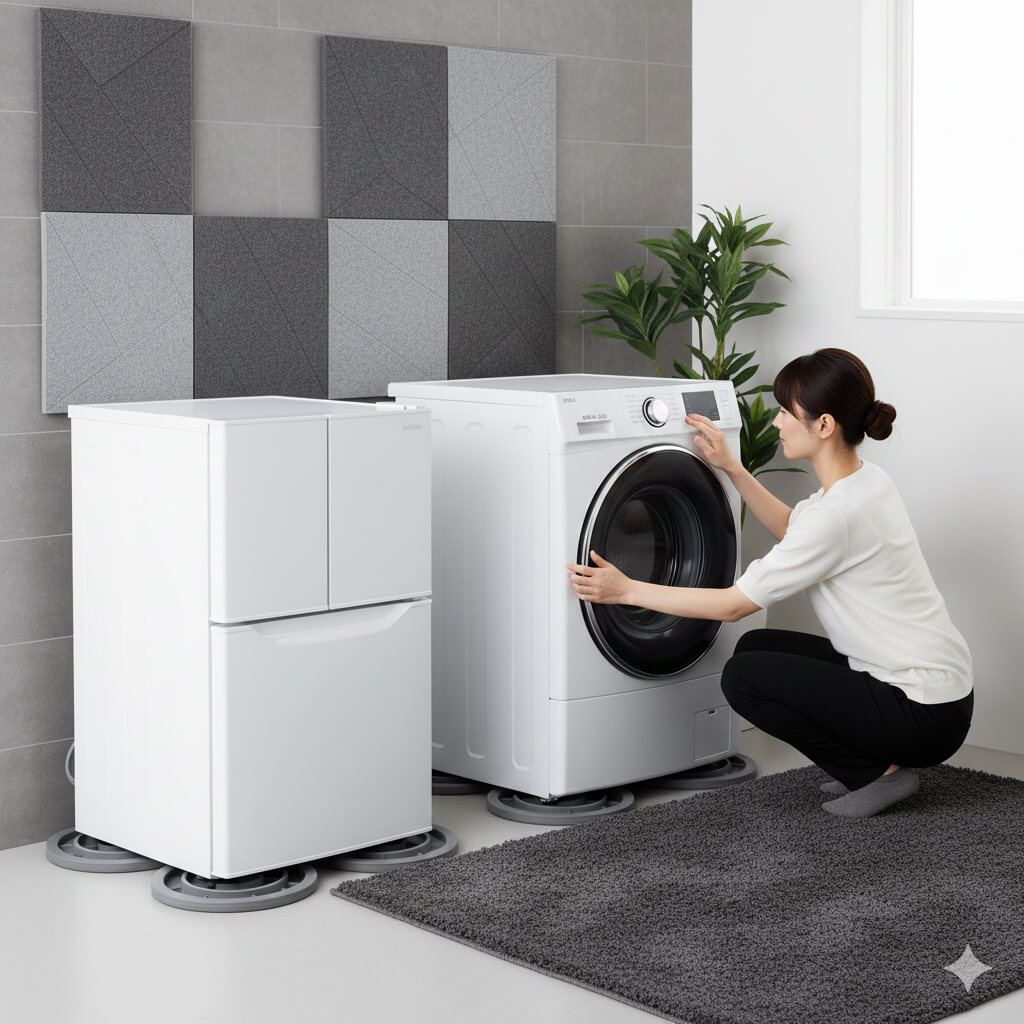 柔らかい床材(クッションフロアなど)に防振ゴムマットを設置したことで、かえって揺れが大きくなる「共振」現象のイメージ図