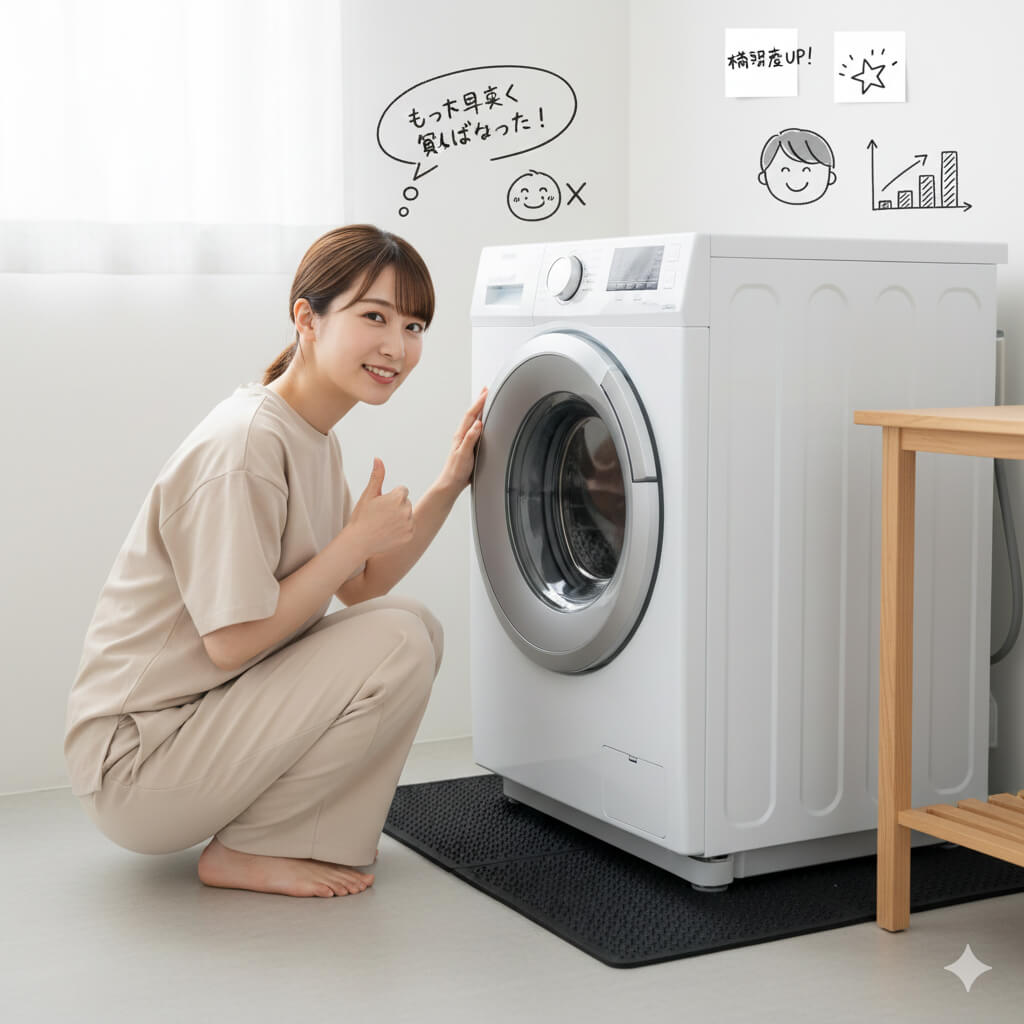 振動による接触音を防ぐため、洗濯機本体と壁や家具の間に指一本分の隙間が空いているかを確認する様子