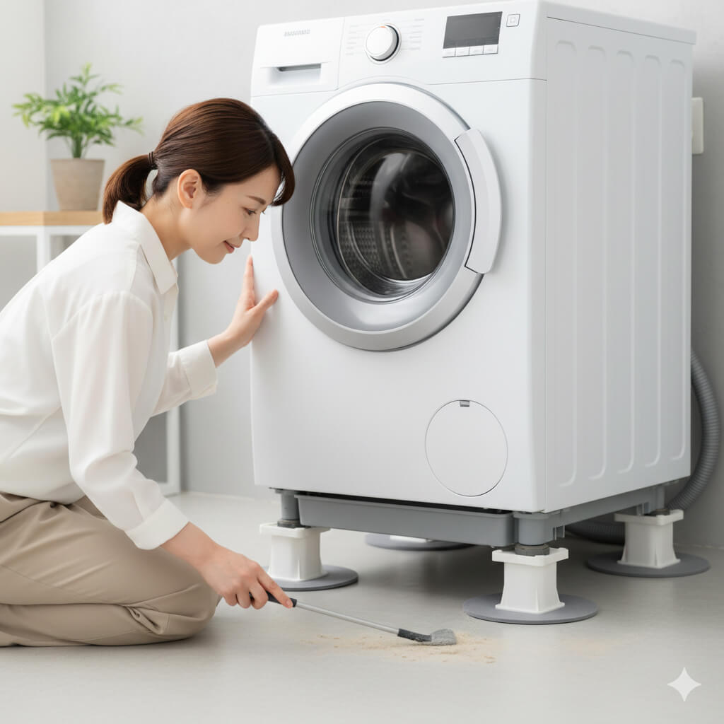 床の不安定さを解消しつつ振動を吸収するため、洗濯機のかさ上げ台と防振ゴムマットを組み合わせて設置するDIY対策の例