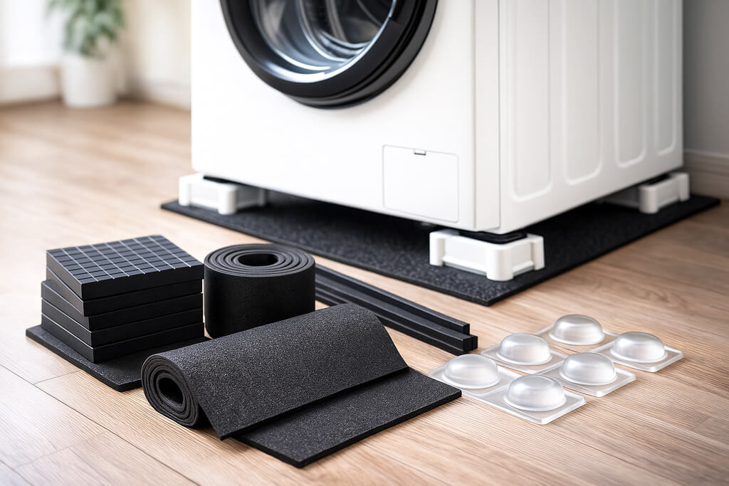 防振グッズに頼らず、床の水平出し、設置環境の補強、吸音材の活用など、洗濯機振動を抑える具体的な設置方法。