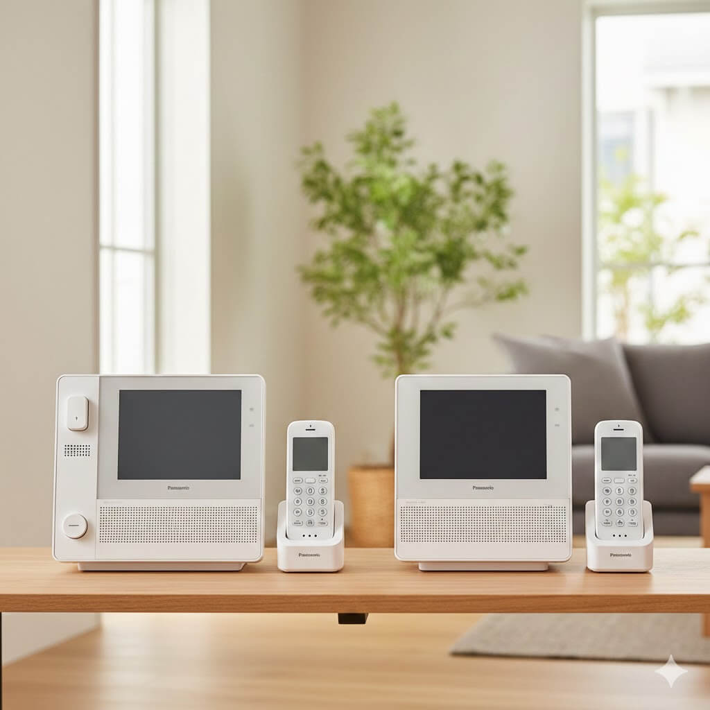 パナソニックのテレビドアホンVL-SWE210KLAとVL-SWE210KLのモニター親機とワイヤレス子機を並べた画像