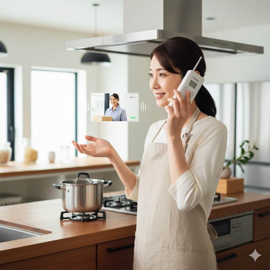 キッチンで料理をしている日本人の女性が、ワイヤレス子機を使って玄関の訪問者に対応している様子