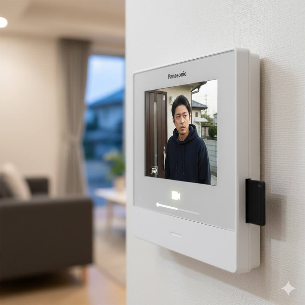 パナソニックのテレビドアホン親機の画面に、玄関先に立つ不審者（訪問者）の鮮明な動画が映し出されている様子