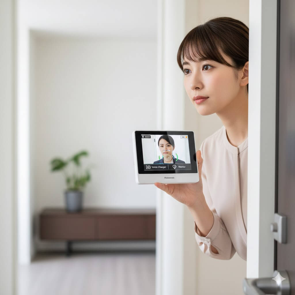 日本人女性がテレビドアホンの子機を持ち、玄関先の様子をモニター機能で確認している