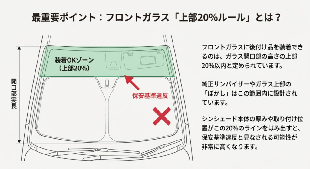 フロントガラスのイラスト図解。上部20%の「装着OKゾーン」と、それをはみ出した場合の「保安基準違反」の位置関係を示した図。