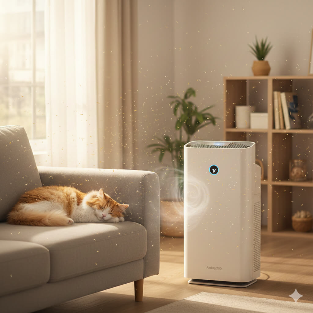 明るいリビングで、ソファに座ってくつろぐ猫