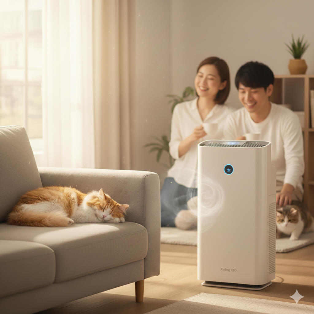 日中の光が差し込むリビングで、空気清浄機が稼働しており、空気中を舞う猫の毛が目視できないほどクリアになっている様子