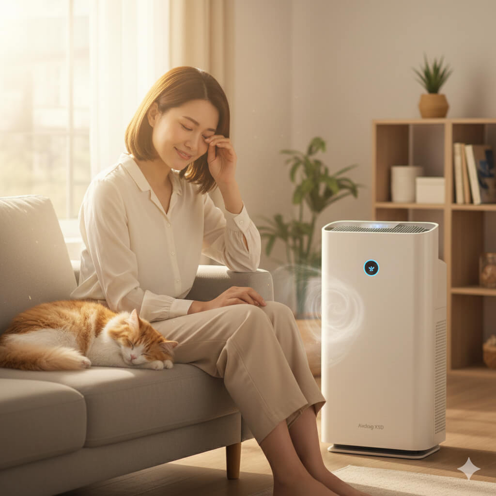 明るいリビングで、ソファに座ってくつろぐ日本人女性の横に猫が寄り添い、空気清浄機が静かに稼働している様子