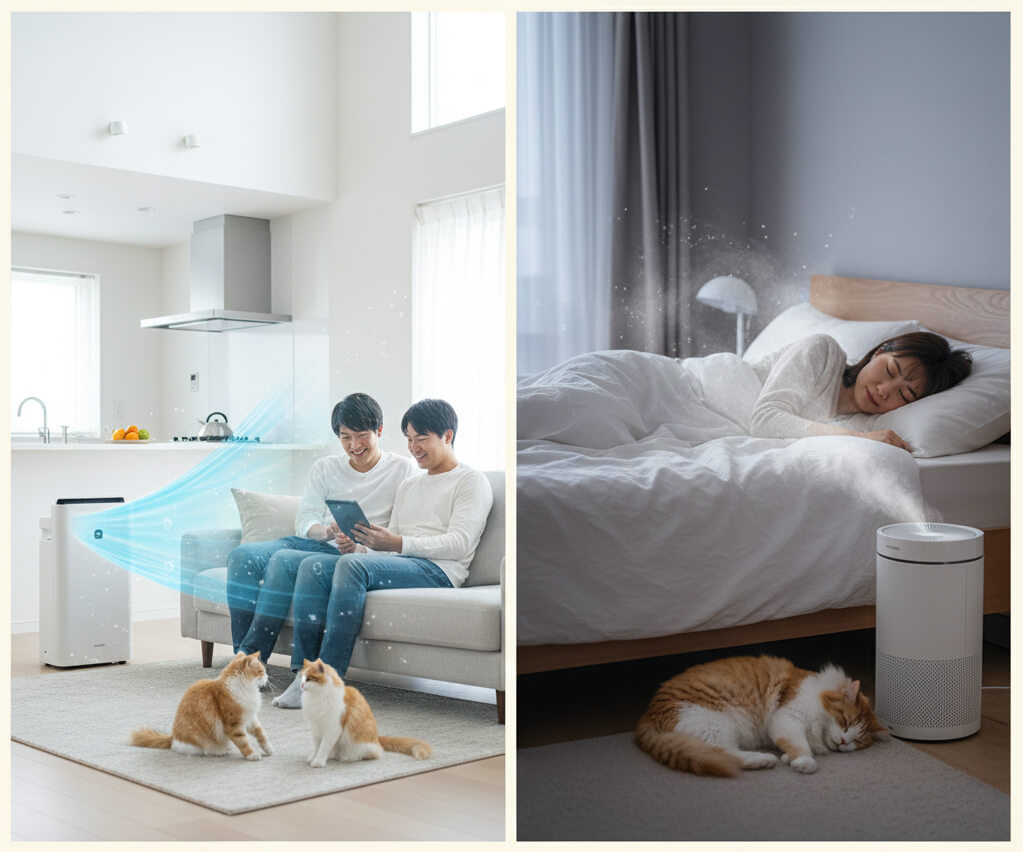 広々としたリビングダイニングキッチンで、大きな空気清浄機（Airdog X5Dを想起させるデザイン）が設置されており、部屋全体をカバーしている様子