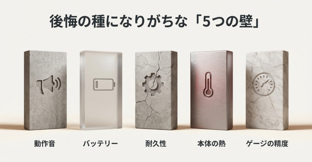 電動空気入れの弱点として「動作音、バッテリー、耐久性、本体の熱、ゲージの精度」の5項目を挙げた図