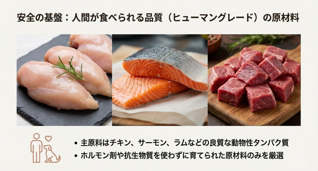 人間が食べられる品質のチキン、サーモン、ラムを使用し、ホルモン剤や抗生物質不使用である