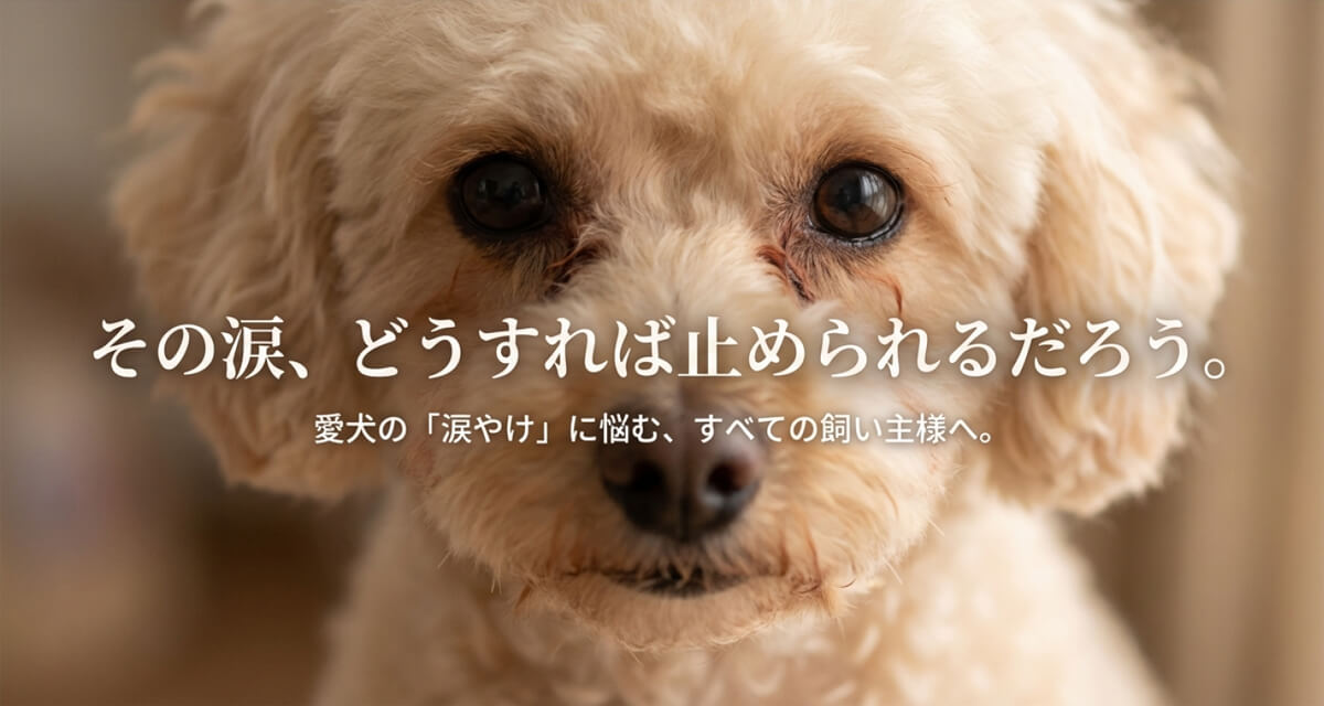 「その涙、どうすれば止められるだろう」という問いかけと、犬のフードボウルに「フードを変えれば治る、本当にそうでしょうか？」という疑問を投げかけるスライド