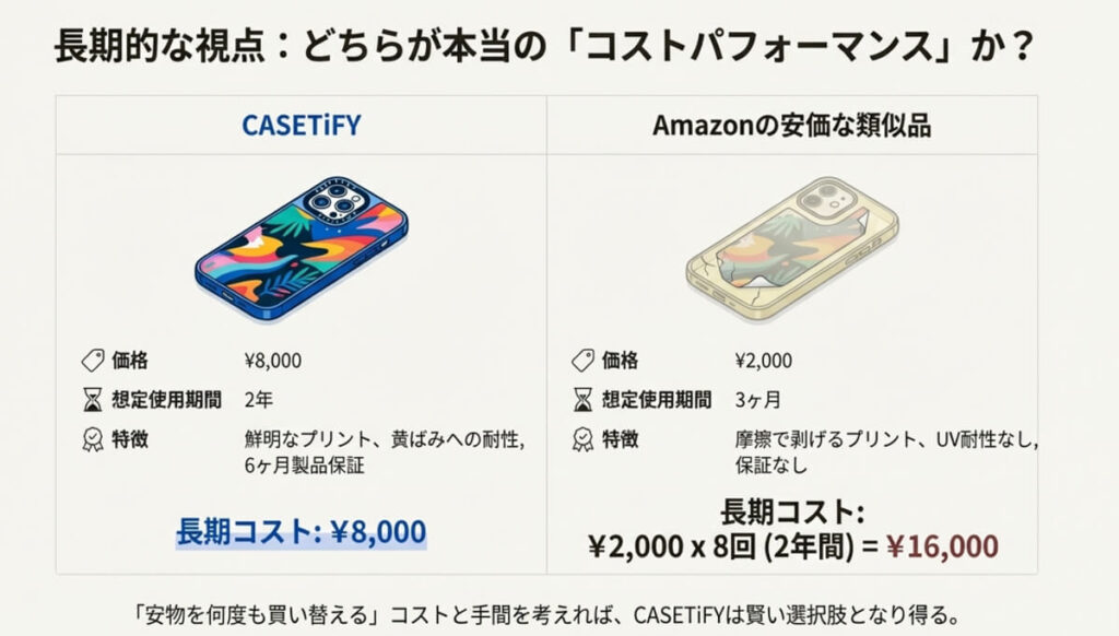 CASETiFY（8,000円・2年使用）とAmazonの安価な類似品（2,000円・3ヶ月使用）の比較表。