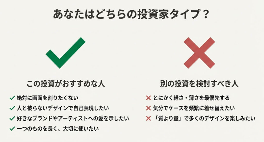 画面を割りたくない人や自己表現したい人にはおすすめだが、軽さ優先や頻繁に着せ替えたい人には向かないことを示したチェックリスト。