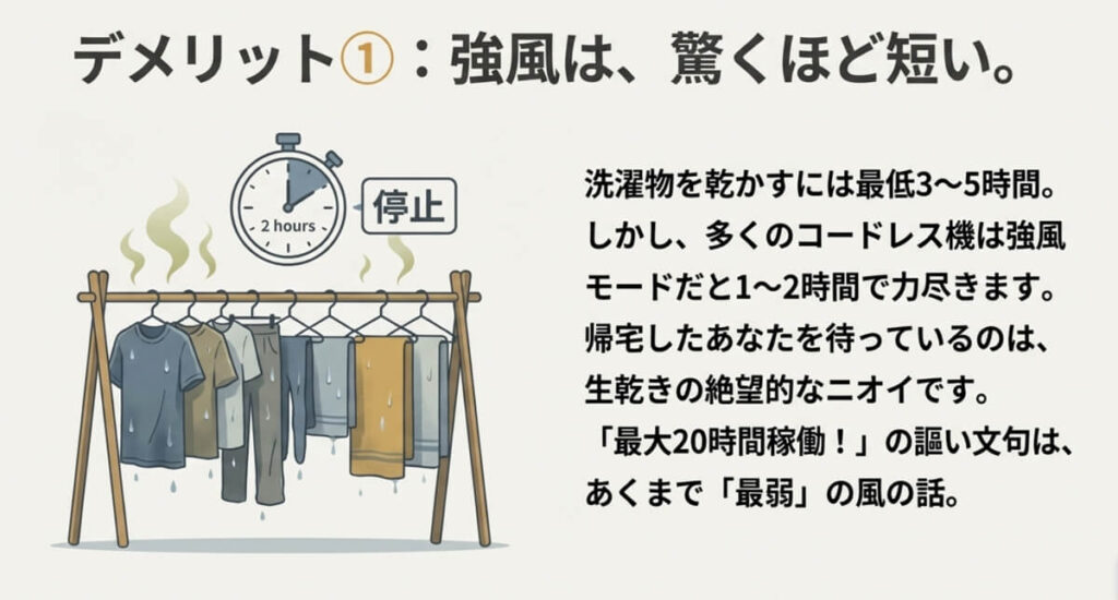 2時間で停止する時計と生乾きの洗濯物のイラスト。強風モードでは1〜2時間でバッテリーが切れてしまう「生乾きの絶望」を表現したスライド。
