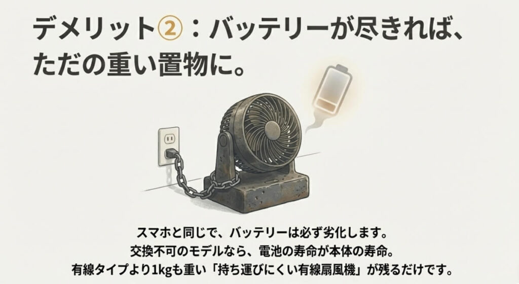 コンセントに鎖で繋がれ、重しのような質感になったサーキュレーターのイラスト