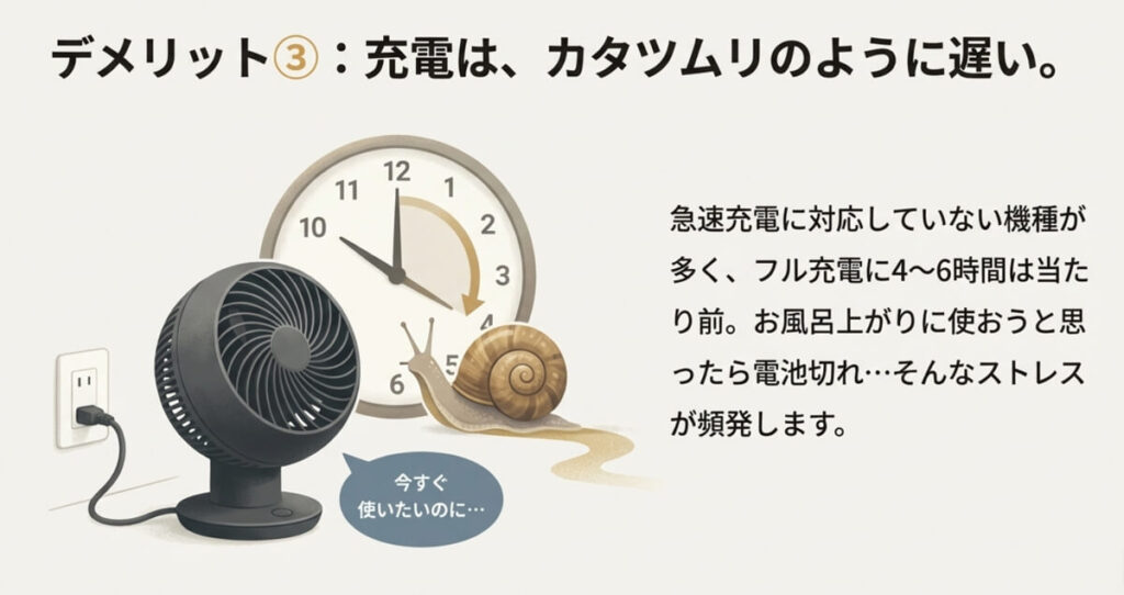 カタツムリと時計、充電中のサーキュレーターのイラスト