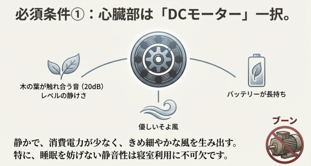 木の葉が触れ合う音（20dB）程度の静かさと、バッテリーの持ちの良さを強調