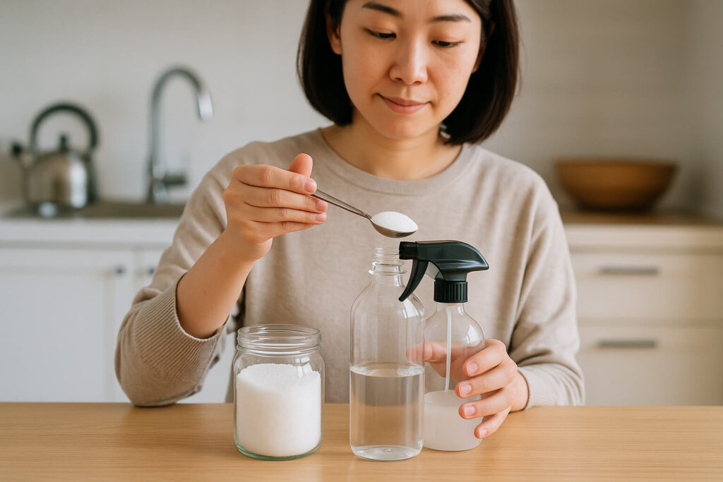 クエン酸パウダー入りの計量スプーンとスプレーボトルを手にDIYクリーナーを準備する集中した瞬間