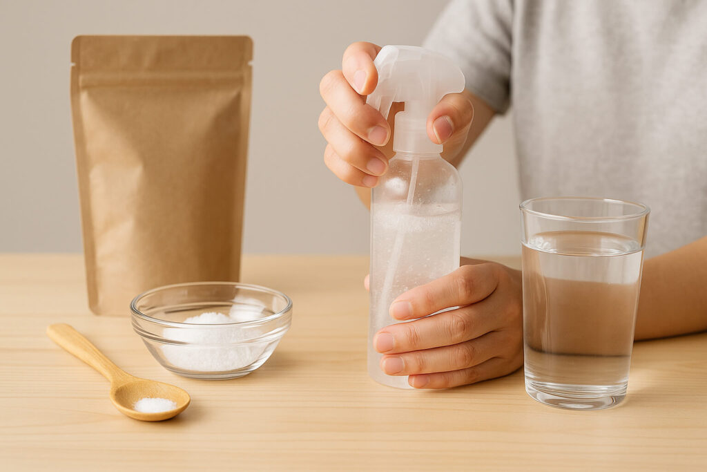 明なスプレーボトルに自然素材の粉を入れて混ぜるDIY工程が丁寧にわかる構図