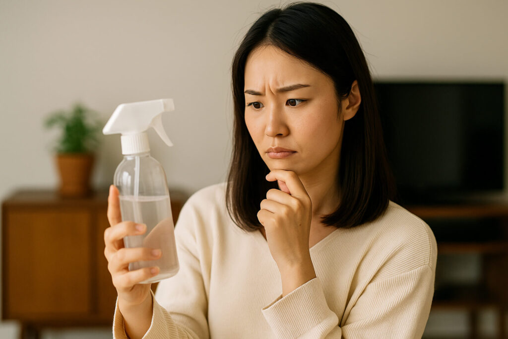 スプレーボトルの安全性を確認する慎重な表情