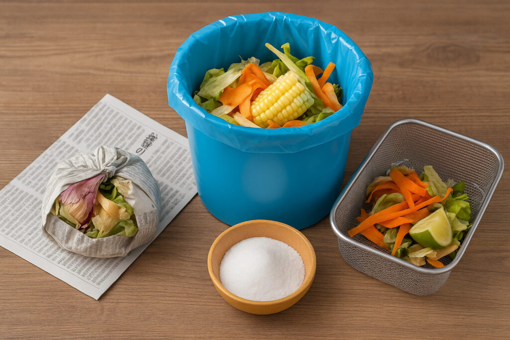 生ゴミ対策の3つの方法（新聞紙包み・ゴミ箱への重曹散布・水切り）を横並びに比較