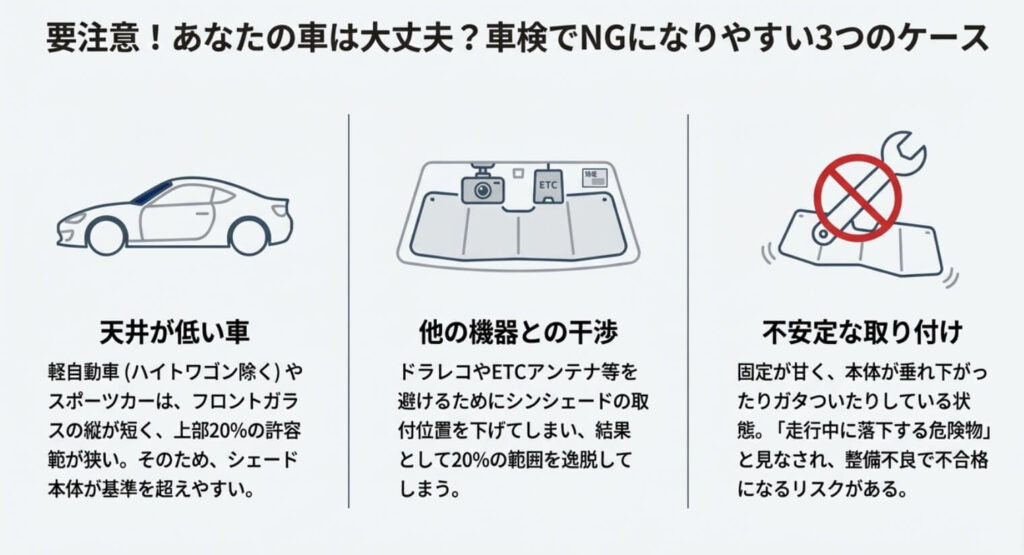 天井が低い車（軽・スポーツカー）、ETCやドラレコとの干渉、不安定な取り付け状態を示す3つのアイコンと解説。