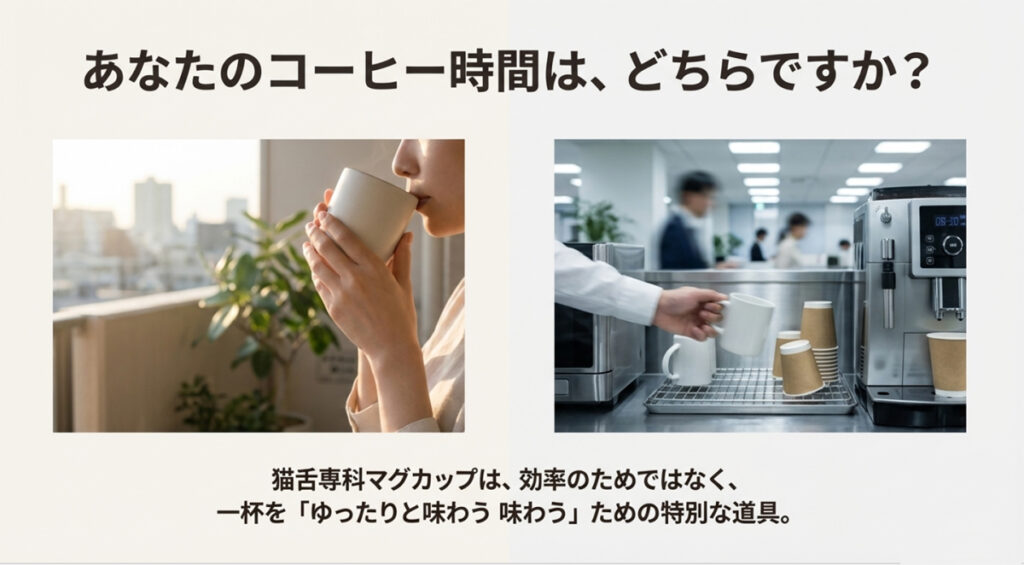 飲み物を味わう女性やオフィスの風景写真と共に、「猫舌専科マグカップは効率のためではなく、一杯をゆったりと味わうための特別な道具