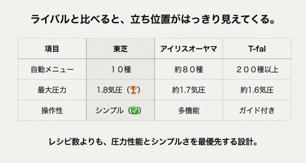 東芝、アイリスオーヤマ、T-falの自動メニュー数、最大圧力、操作性を比較した表