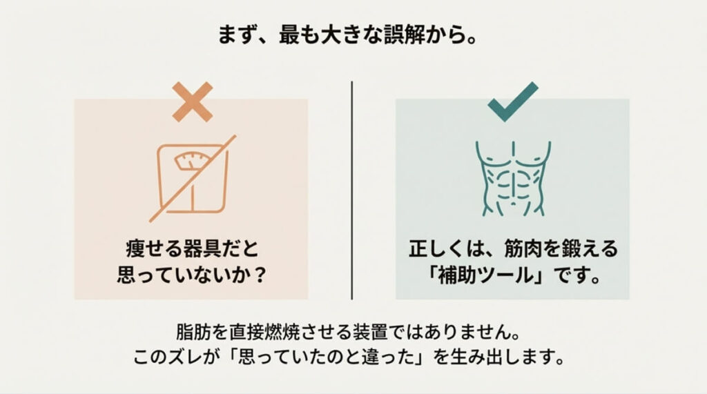 体重計に「×」、鍛えられた腹筋に「✓」を付け、シックスパッドは「痩せる器具」ではなく「筋肉を鍛える補助ツール」であることを示すスライド