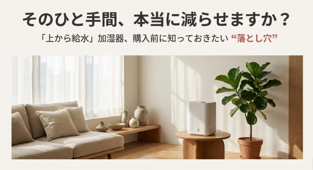 「そのひと手間、本当に減らせますか？『上から給水』加湿器、購入前に知っておきたい“落とし穴”」というタイトルと、水差しで加湿器に給水している様子のイメージ画像