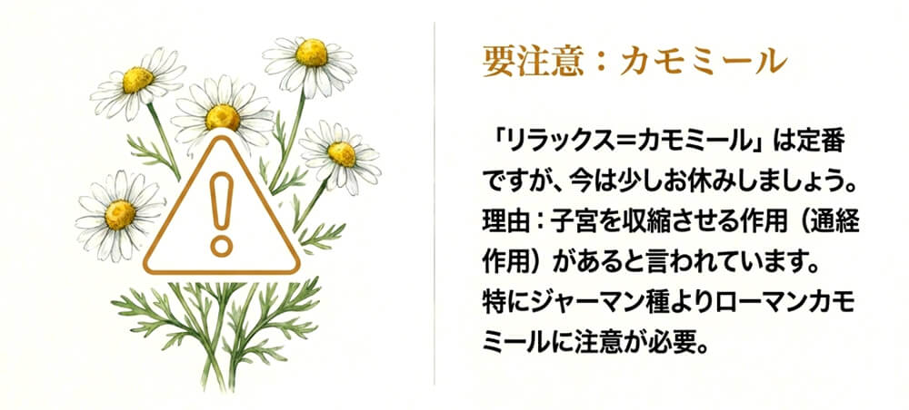 カモミールの花と注意マークのイラスト