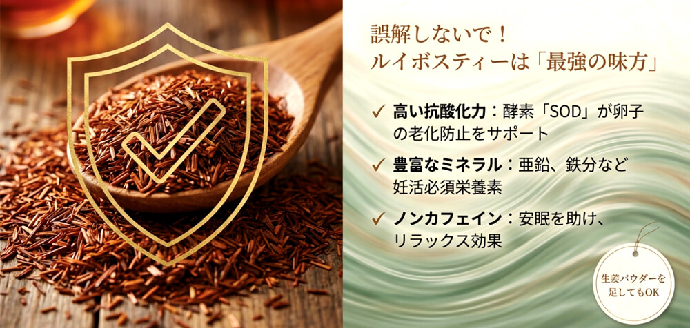 ルイボスティーのメリット（高い抗酸化力による老化防止、豊富なミネラル、ノンカフェイン）を挙げ、生姜パウダーを足すアレンジも紹介画像