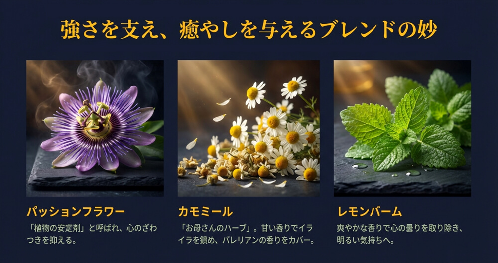 パッションフラワー、カモミール、レモンバームがバレリアンを支え、相乗効果を生む仕組みを解説