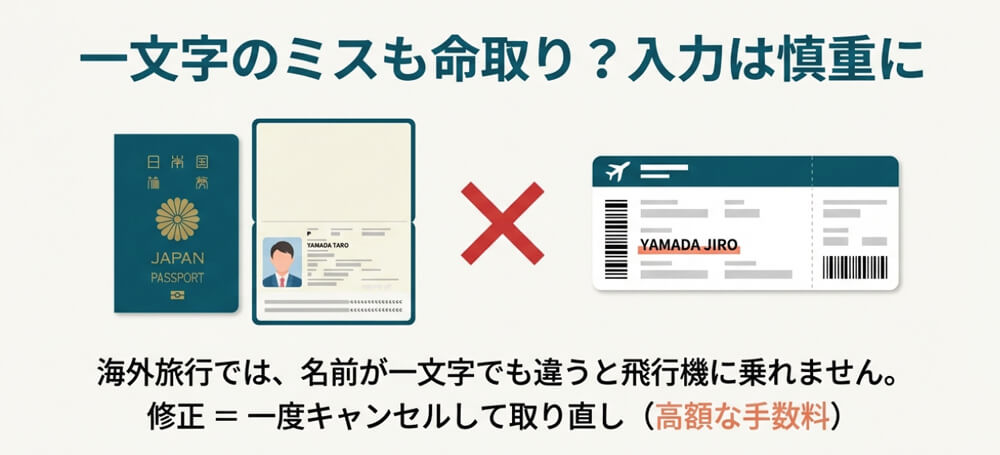 海外旅行では航空券の名前が一文字でもパスポートと違うと、飛行機に乗れない画像