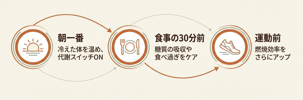 朝一番、食事の30分前、運動前