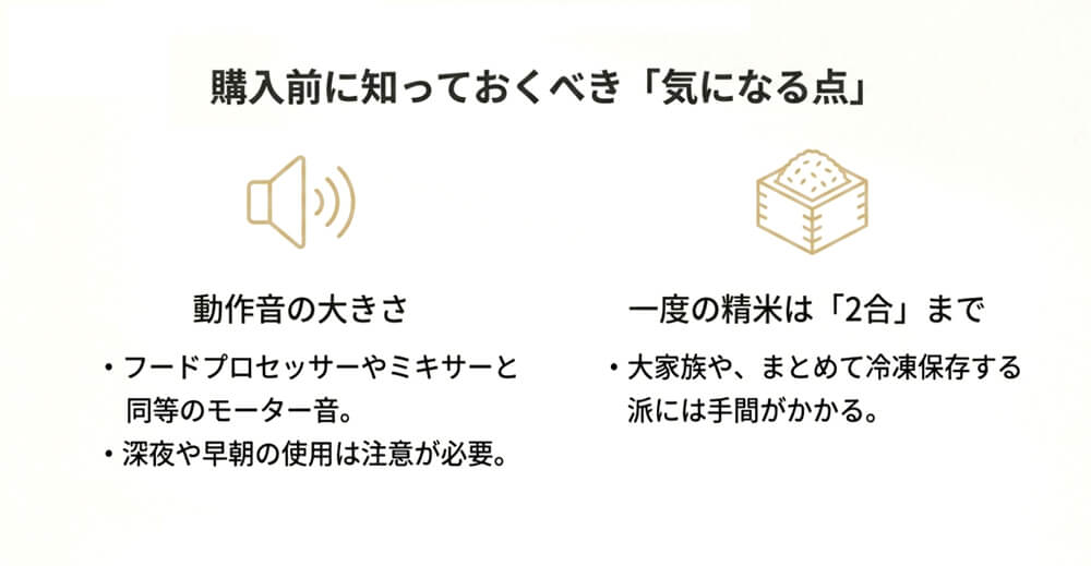 悪い口コミ：動作音と精米の容量